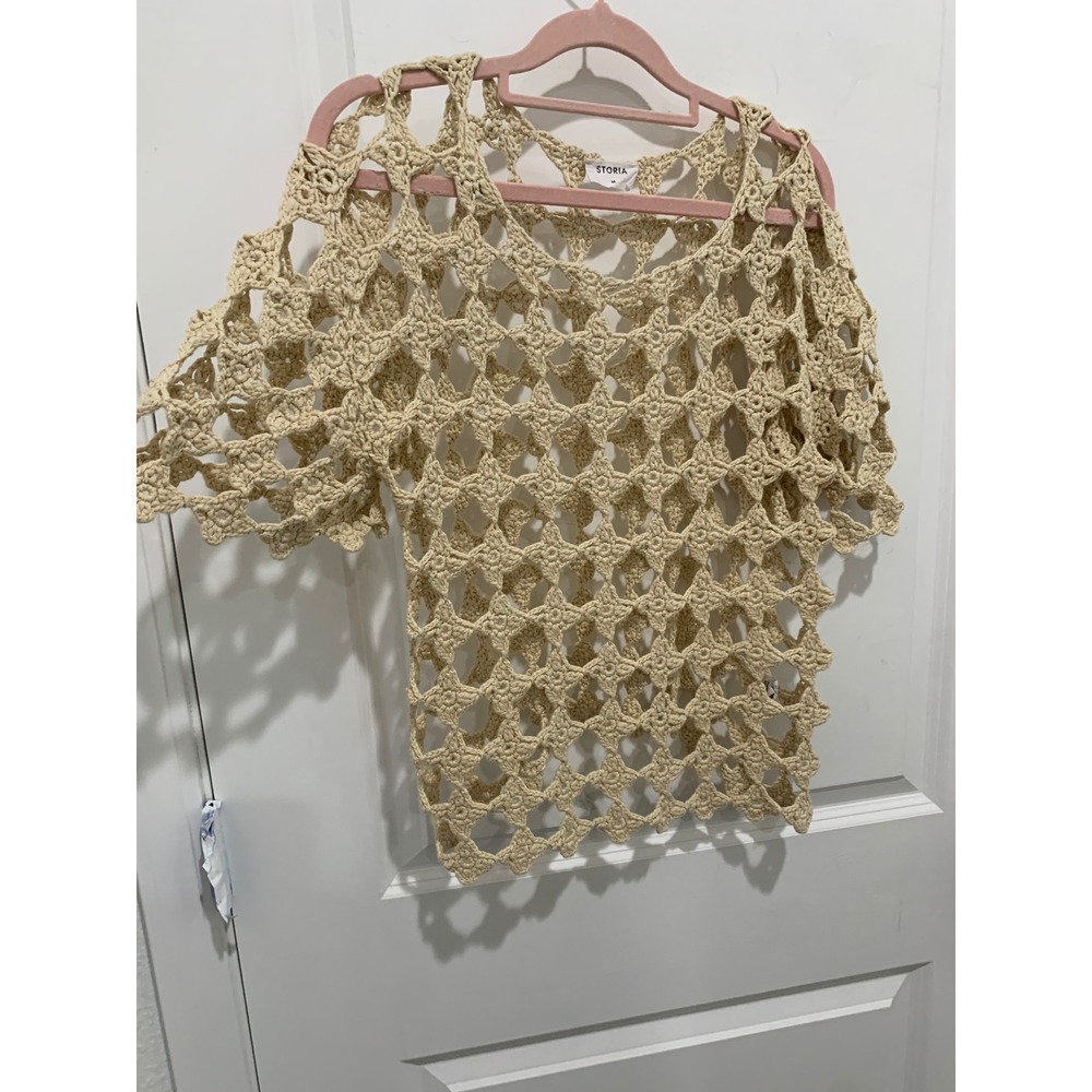 Storia Crochet Star Pattern Top Cream Beige Short Sleeve Open Knit Boho Medium